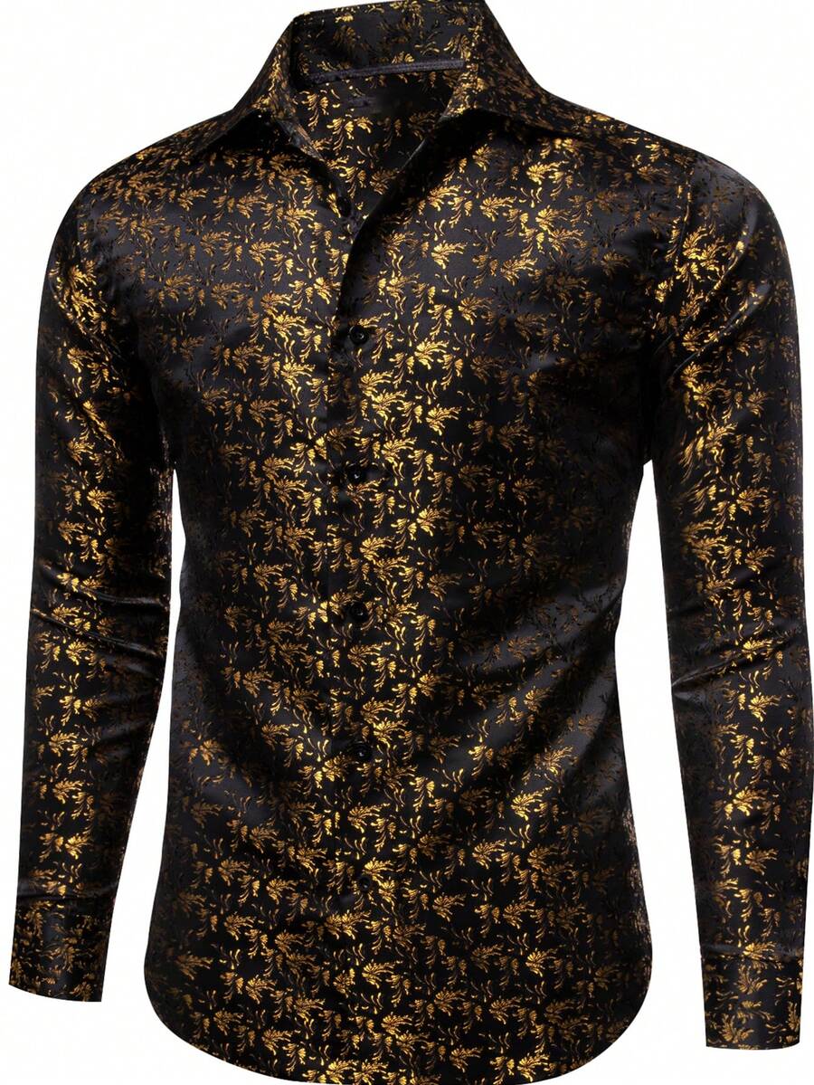 Mens Shirt Long Sleeve Gold Shirts Regular Fit Button Tops Wedding Formal Casual Office Suit Coats - Vàng - Xem 1