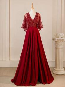 优雅V领蕾丝拼接雪纺中世纪亮片开衩长裙，女士 - 紅色 - 查看 1