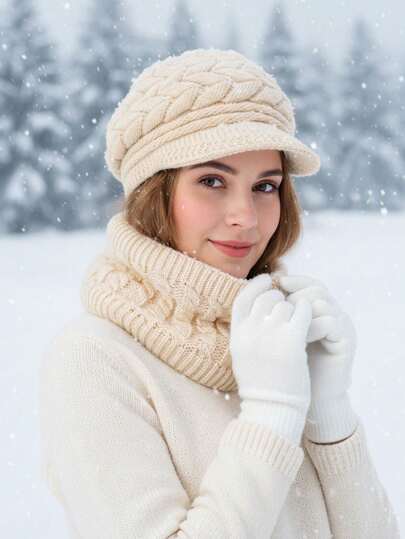 1pc Solid Color Knit Hat With Thermal Lined, Thick Warm Ear Protection, Fashion Knitted Hat, 3 Pieces Set, Suitable For Daily Outfits In Winter