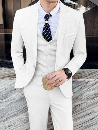 三件套男士商务西装，修身纯色新郎婚礼礼服，男士奢华办公正装，休闲时尚单排扣西装外套、马甲和西裤