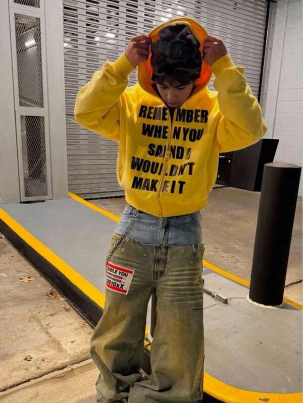 1 pieza Chaqueta con capucha de estilo casual y versátil con estampado de letras para adolescentes varones, de estilo corto y manga larga, de Y2K, con forro polar y tela gruesa, cómoda para el clima frío, gran regalo