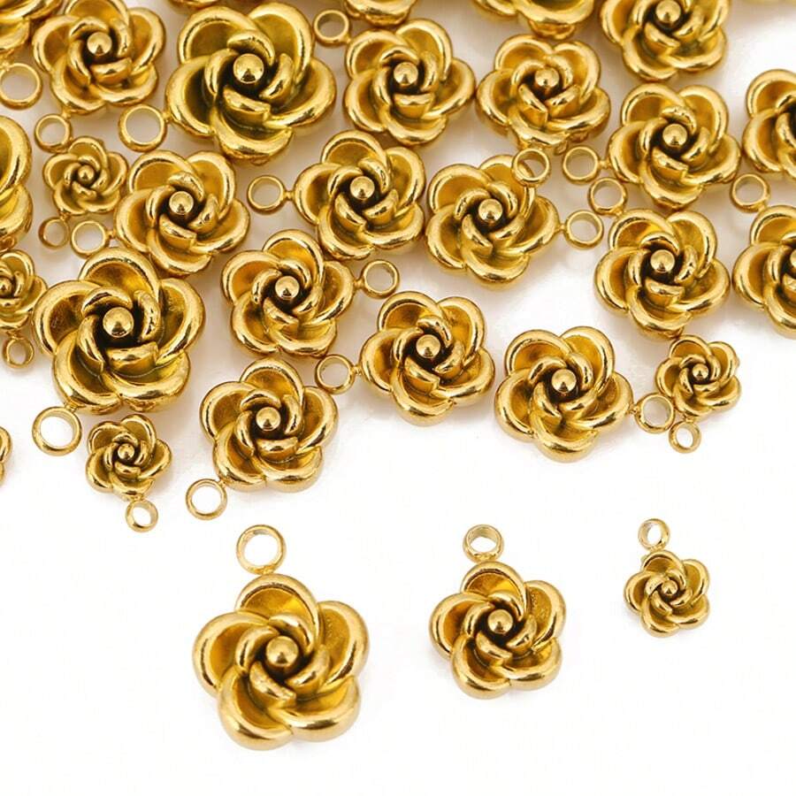10 件 5/8/10 毫米不锈钢吊饰玫瑰花吊饰 PVD 镀金金属耳环项链手链珠宝制作用品 - 玫瑰花吊墜 - 查看 1