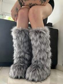 Women's Winter Furry Snow Boots Fuzzy Fluffy Round Toe Suede Booties Flat Heel Slip On Outdoor Indoor Shoes Fashion Warm Fluffy Shoes - Ống dài màu xám - Xem 1