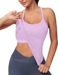 Workout Tops Women With Built In Bra, Sleeveless Gym Tops Seamless Racerback Athletic Yoga Shirts, Activewear - 紫丁香 - 查看 10