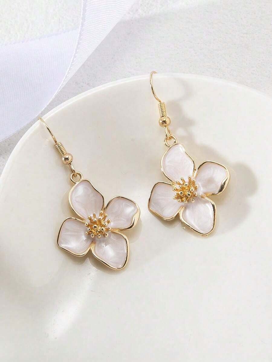 1 Pair Fashionable, Elegant, Luxury, Sweet, Minimalist, Versatile Enamel 4-Petal, 5-Leaf, 6-Daisy Floral Earrings In Pink, White, Magenta, Orange, Purple, Red, Green, Suitable For Spring/Summer Everyday And Holiday Wear - 粉色 - 查看 1