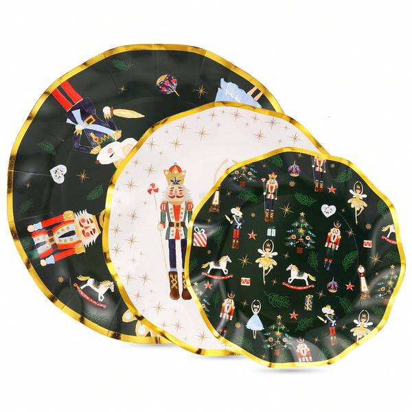 30/60/90Pcs Nutcracker Soldier Paper Plate,Christmas Holiday Dinner Paper Plates,Wavy With Golden Foil Design,10.5"/9"/7.25" Disposable Party Supplies For Christmas And New Year Celebrations,Christmas Table Decorations,Heavy Duty
