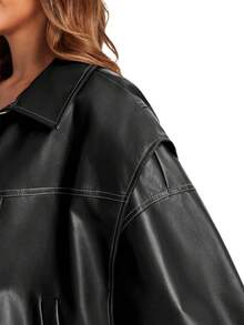 Women Oversized Leather Bomber Jacket With Zip-Up And Pockets, Motorcycle Style Coat - 黑色 - 查看 2