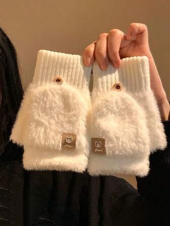 1 Pair Of Women's Flip Up Half Finger White Plush Gloves With Exposed Fingers, Thick And Warm For Students To Write And Ride In Autumn And Winter, Thick Knitted Open Finger Writing With Touch Screen, Casual Acrylic Fiber