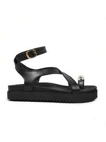 Sandals With Cross Straps, Summer Flat Sandals, Toe Decoration - 黑色 - 查看 5