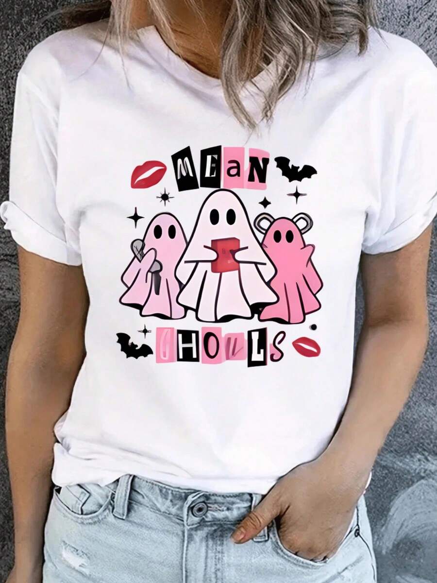 Camiseta con fantasmas rosas y texto Mean Ghouls,Camiseta casual estampada de manga corta y cuello redondo, 100 % algodón,disfraz halloween mujer - Blanco - Ver 1
