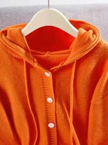 女式纯色休闲长袖连帽针织开衫，秋冬 - 珊瑚橙 - 查看 2