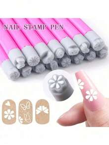 4Pcs Nail Art Stamp Pen Set, Random Pattern Nail Transfer Stamp Printing, Nail Art Stamping Pen With Silicone Heads, Nail Salon & Artist Use - hồng - Xem 2