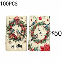 2 Stücke/100 Stücke Weihnachtskranz mit Vögeln und Geschenk Muster Küchentücher und Geschirrtücher, geeignet für Innenraumdekoration in Restaurants, Küchen und Bädern, Partydekoration, Festivalgeschenke, als Geschenk
