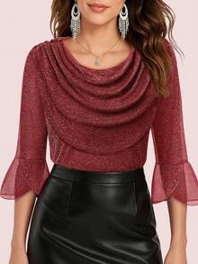 CheersLife Damen Bluse, Lässig/Formal, 3/4 Ärmel, Stehkragen, glänzende Oberseite, Cocktail Party Abendbluse - Bordeaux - Übersicht 2