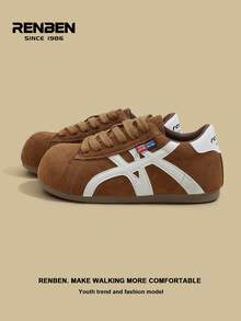 RENBEN 1 Paar Damen Retro Stil Schnürschu he, Beige & Farbblock, Neuheiten Herbst/Winter 2025, versteckter Keilabsatz, leichte weiche Sohle, sportliches Design, geeignet für Studenten und Rennen