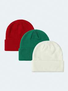 3pcs/Set Baby & Kids Solid Color Basic Warm Knit Beanie Hats, Suitable For Christmas & Daily Use - متعدد الألوان - مشاهدة 8