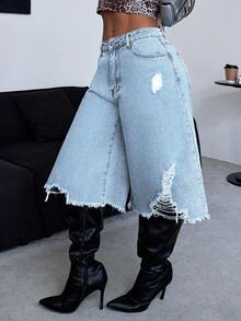 Women's Y2K Distressed Denim Culottes High Waisted Wide Leg Mid Length Jeans Vintage Ripped Loose Fit Jean Shorts For Women - 雪花 - 查看 4