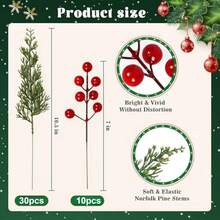 45 pièces Décorations de Noël, Verdure artificielle Ornements de Noël Branches de pin de Norfolk avec tiges de baies rouges pour couronnes de Noël DIY, centres de table d'arbres de Noël et décoration