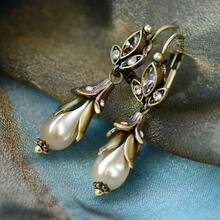 2-Piece Set, Fashionable Women's Vintage Flower Imitation Pearl Lily Pendant Synthetic  Leaf Metal Antique Bronze Earrings For Daily Party Gift - hoa bạc - Xem 5