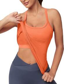 Workout Tops Women With Built In Bra, Sleeveless Gym Tops Seamless Racerback Athletic Yoga Shirts, Activewear - Orange - View 11
