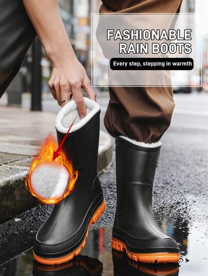 Men's Rain Boots, Thermal Lined For Winter, Warm, New Black Style, Suitable For Rainy Days, Outdoor Fishing, Construction Sites, Work Boots, Men's Work Shoes, Fashionable Casual, Adult Men's Garden, Farm, Construction, Easy To Clean And Mud-Resistant, Men's Rain Shoes