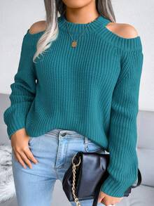 Casual Round Neck Off-Shoulder Solid Color Long Sleeve Knit Pullover Sweater, Autumn/Winter Spring - Peacock Blue - View 4