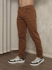 Men's Slim Fit Dress Twill Pants With Built-In Pockets And Lycra - Brown - View 2