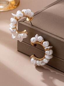 1 Pair Vintage Style Minimalist Geometric Faux Pearl Hoop Earrings, Suitable For Women's Daily, Party, Or Gift - Multicolor - View 4