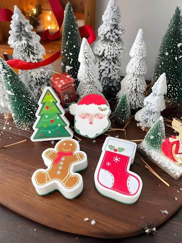 1/4 Stück Weihnachts-Reinigungsschwämme Küchenschwamm Set, Weihnachtsbaum, Lebkuchen, Strumpf & Weihnachtsmann Formen Feiertags Dekorationen, Küchen Reinigung, Weihnachtsdekoration und festliches Geschenk