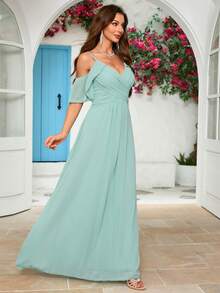 Women's V-Neck Spaghetti Strap Backless Dress With Ruffle Sleeves, Cross Pleated Flared Hem Bridesmaid Gown - Green - View 5