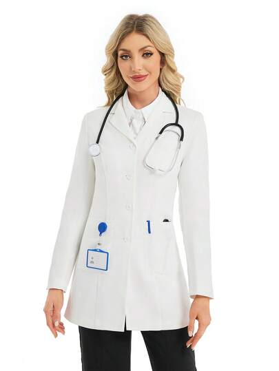 cimmuovere Women's Long Sleeve Lapel Open Front Multi-Pocket Lined Padded Shoulder Slim Fit Scrubs Nurse Scrubs Workwear Dentist Healthcare Pet Hospital Laboratory Coat