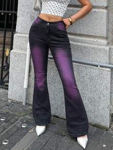 New Stylish Jeans - Gradient Purple-Black Mid-Rise Slim-Fit Slightly Flared Women's Jeans - 黑色 - 查看 4