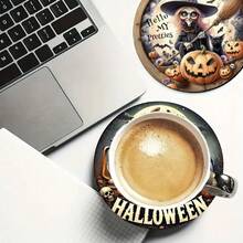 4/6pcs Halloween Pumpkin & Ghoul Round Coasters, Ghost & Witch Design, Holiday Table Decor Heat Insulation Pads, Halloween Decorations, Suitable For Home And Party