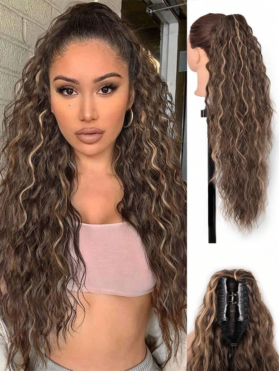 26Inch Black Hair Claw Clip Ponytail Extension Long Curly Wavy Ponytails Synthetic Clip In Fake Ponytail Hairpieces For Women Long Corn Wave Pony Tails Hair Extensions For Girl Fluffy Natural Looking Synthetic Clip In Ponytail For Daily Use Chocolate Brown