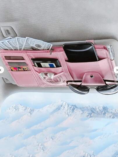 1pc Car Sun Visor Storage Bag, Leather Zipper Organizer Pouch, Multi-Function Card Holder, Unisex