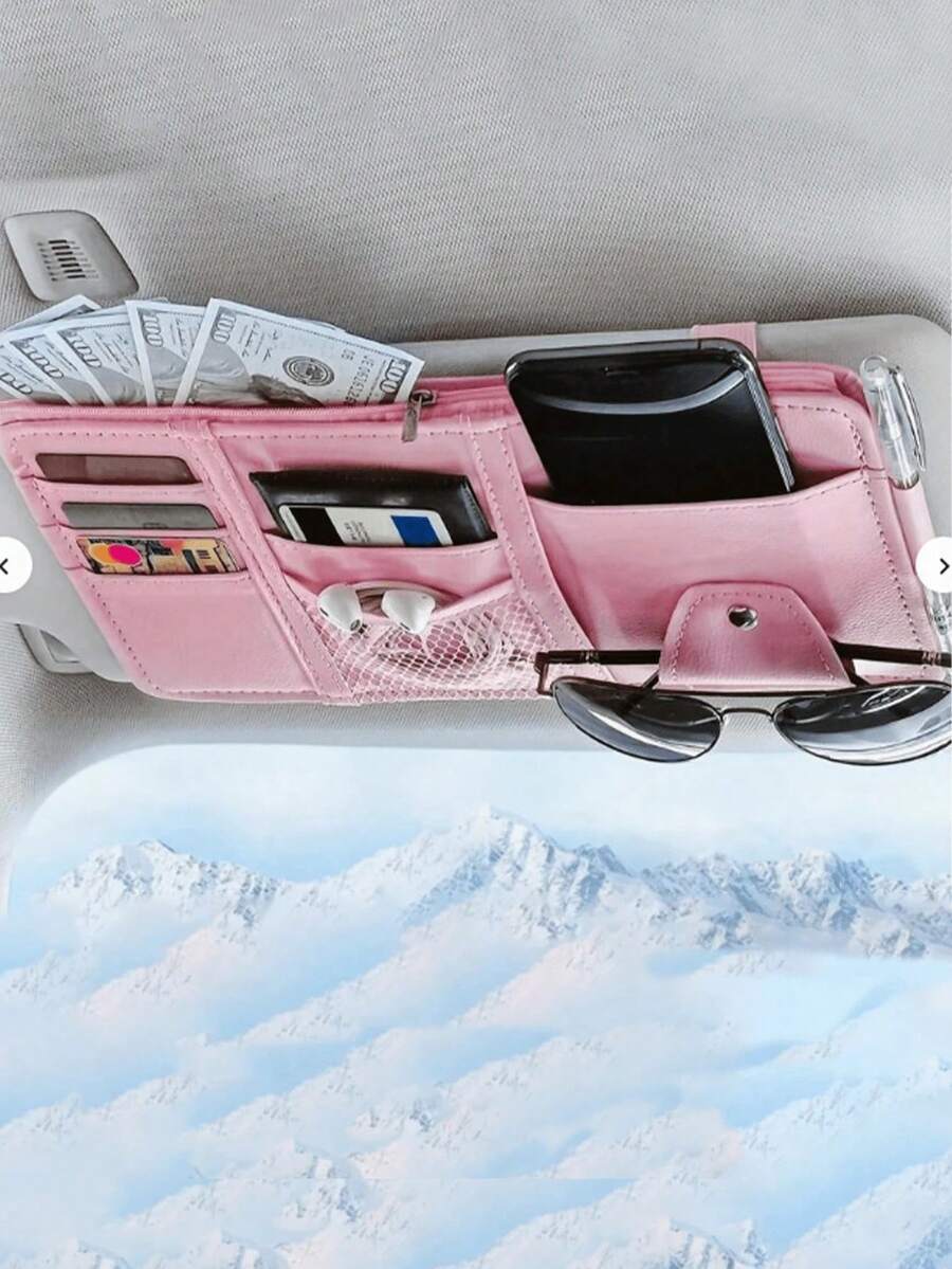 1pc Car Sun Visor Storage Bag, Leather Zipper Organizer Pouch, Multi-Function Card Holder, Unisex - Nhiều màu - Xem 1