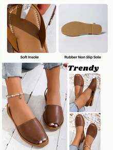 planare 女士时尚休闲度假风格后绑带和踝带露趾露跟舒适棕色平底凉鞋，适合夏季