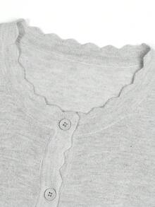 女式针织长袖纽扣前短款开衫，扇贝边高弹力，春秋季 - 灰色 - 查看 8