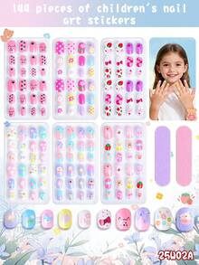 8pcs Kids Nail Salon Set, Macaron Color Cartoon False Nails 1 Set 24pcs, Colorful Cute Gradient Pattern Nail Stickers, Suitable For Girls Nail Art DIY Home Party Birthday Gift