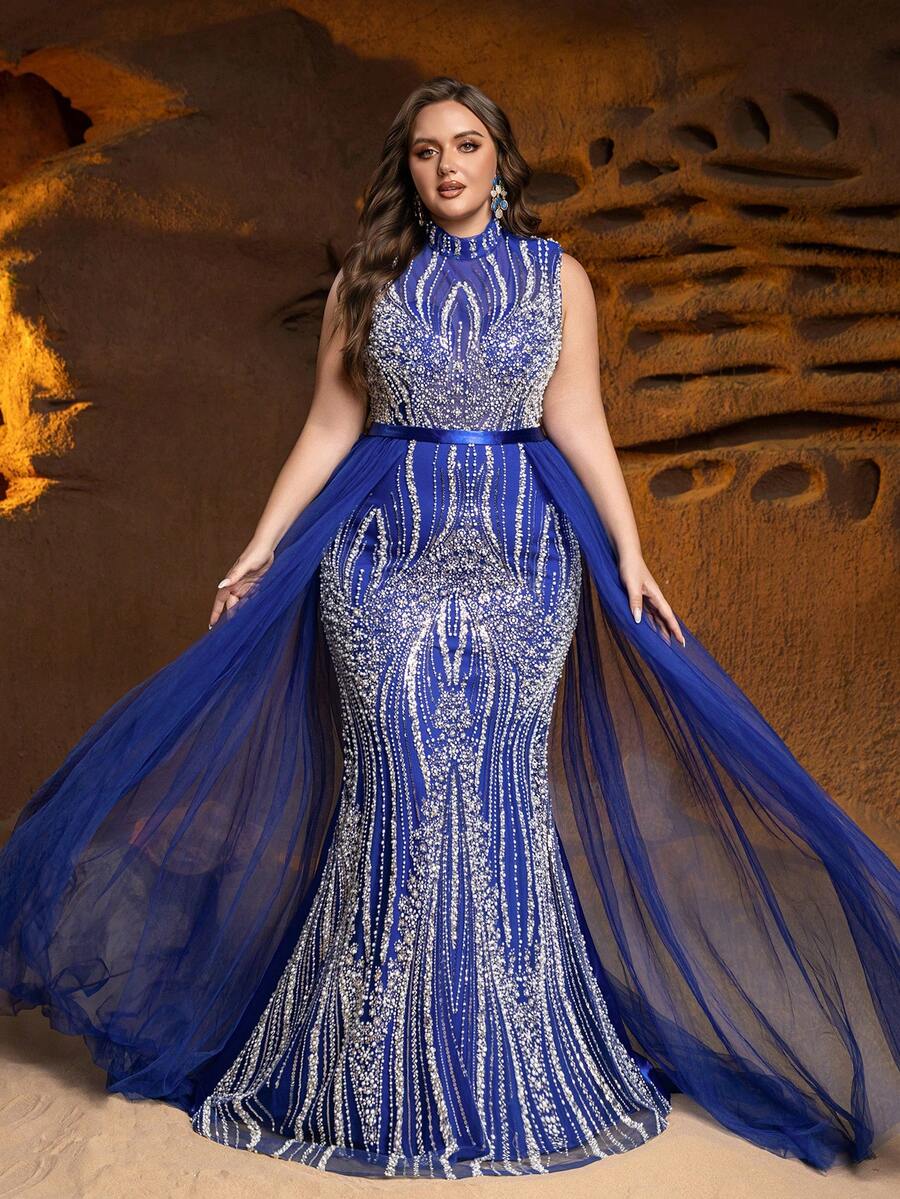 GIFORU Luxury Royal Blue Beaded Gown With Sheer Back - Elegant Sequined Embroidery Tulle Ball Gown For Galas, Red Carpet, And Evening Parties - 寶藍色 - 查看 1