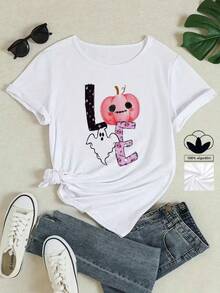 Camiseta de mujer 100% algodón con estampado gráfico con temática de Halloween, informal y elegante, perfecta para un fin de semana informal y cómodo, para ver una película en casa o hacer un picnic al aire libre. - Blanco - Ver 1