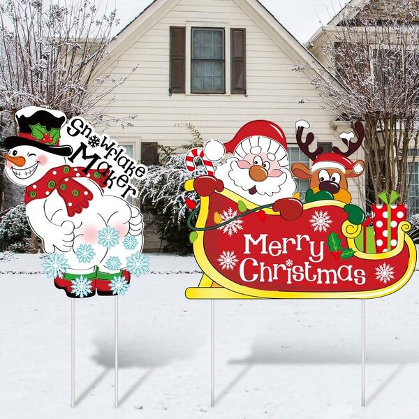 Estacas festivas de Natal para jardim: conjunto de 2 peças com boneco de neve, Papai Noel e rena - decorações externas para seu gramado