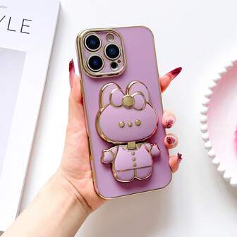 Cute Rabbit Cartoon Phone Case With Makeup Mirror Stand, Compatible With IPhone 17 6/7/8/X/XS/XR/11/12/13/14/15/16, Galaxy S22/23/24/S25, A04/05/06/A14/A15/A16/A17/A24/A25/A34, Redmi Note 7/8/9/10/11/12/13/14/15, Redmi 9/10/12/13C/14C/15c/A5, OPPO, MOTO, Honor, HW, Realme, Reno 7 - TPU Shock-Proof Protective Case With Stand Function (6.6ft Drop Protection)