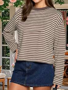 Women Striped Long Sleeve Baggy T Shirts Y2k Vintage Stripes Oversized Boxy Tees Cropped Tops Lionesss Stripped Sweatshirt Fall Preppy Teen Girl Clothes - 棕色 - 查看 5