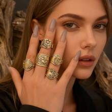 Five-Piece Retro Distressed Pattern Exaggerated Punk Style Open Ring Casual Versatile Event Temperament Party Gathering Gift Fashionable Women's Ring SetParty Favors,Halloween, The Best Choice For Christmas Party Gifts - 五件復古做舊拉花開口戒指套裝 - 查看 3