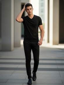 Men's Premium Slim Fit V-Neck Egyptian Cotton T-Shirt - 黑色 - 查看 5