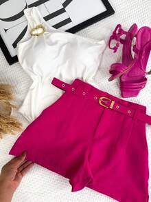 Women's Tailored Shorts With Pocket And Lined Belt, High Waist - Hồng - Xem 2