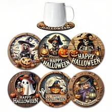 4/6pcs Halloween Pumpkin & Ghoul Round Coasters, Ghost & Witch Design, Holiday Table Decor Heat Insulation Pads, Halloween Decorations, Suitable For Home And Party