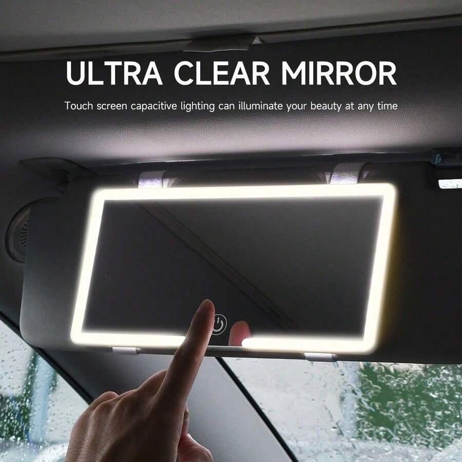 Ultra Thin LED Car Makeup Mirror HD Sunshade Hanging Vanity Mirror For Sun Visor, USB Charge Dimmable Touchscreen, Auto Interior Makeup Mirror With LED Light, Perfect For Women - White - View 1