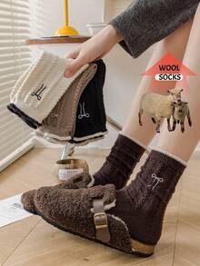 1/2/3/5 双装女士中筒袜，适合秋冬季节，可爱蝴蝶结图案，保暖舒适，可搭配靴子，厚羊毛袜，舒适袜